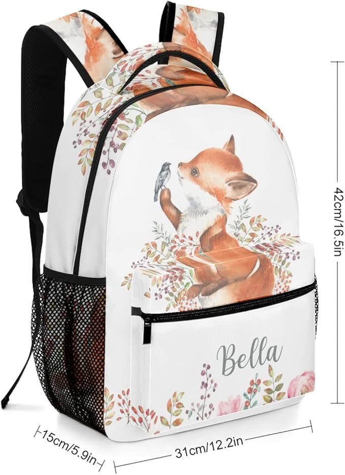 Cute Fox Little Bird Custom Kids Backpack 16.5 Inch for Boy Girl, Personalized Waterproof Child School Travel Bag with Name Option5-CubbioJoy