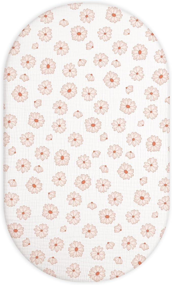 Bassinet Sheet for Baby Boy and Girl, Fitted Sheets for Rectangle, Oval, Hourglass Bassinet Mattress, Muslin Moses Basket Sheets with Neutral Style (Flower-A)-CubbioJoy