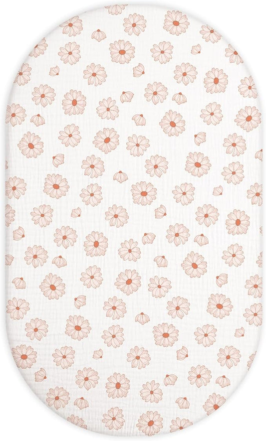 Bassinet Sheet for Baby Boy and Girl, Fitted Sheets for Rectangle, Oval, Hourglass Bassinet Mattress, Muslin Moses Basket Sheets with Neutral Style (Flower-A)-CubbioJoy