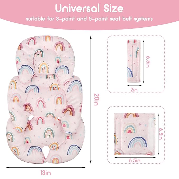 Infant Car Seat Insert, Car Seat Head Support Baby Girls Boys, Soft & Reversible Newborn Carseat Insert Cushion with 2 Strap Covers, for Stroller, Swing, Bouncer (Pink Rainbow)-CubbioJoy