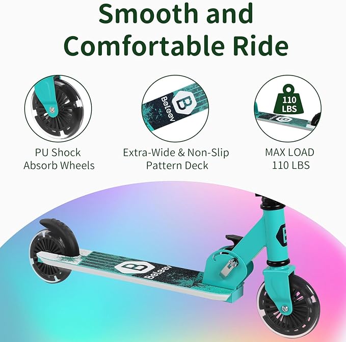 BELEEV V2 Scooters for Kids with Light-Up Wheels & Stem & Deck, 2 Wheel Folding Scooter for Girls Boys, 3 Adjustable Height, Non-Slip Pattern Deck, Lightweight Kick Scooter for Children Ages 3-12-CubbioJoy