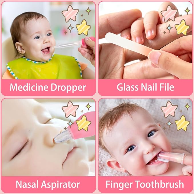 Baby Grooming Kit, Infant Safety Care Set with Hair Brush Comb Nail Clipper Nasal Aspirator,Baby Essentials Kit for Newborn Girls Boys (Pink 20 in 1)-CubbioJoy