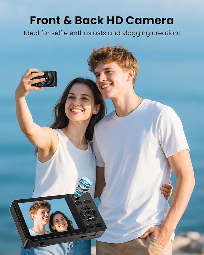Digital Camera with Front Rear Lens, Autofocus 64MP 4K Camera for Photography with 32GB Card, Portable Compact Point and Shoot Camera for Teens Adult Beginner with Metal Shell, 2000mAh Battery-CubbioJoy