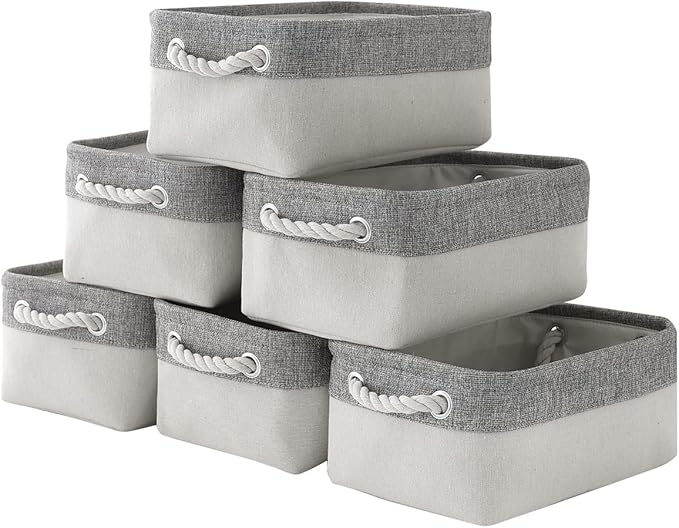 Basket for Organizing Cube Stgorage Bin - Small 6 Pack Fabric Storage Cubes Collapsible Baskets for Shelves with Rope, Bins for Organization Closet Cloth Toy Laundry Canvas (Grey&White 12x8x5.2 inch)-CubbioJoy