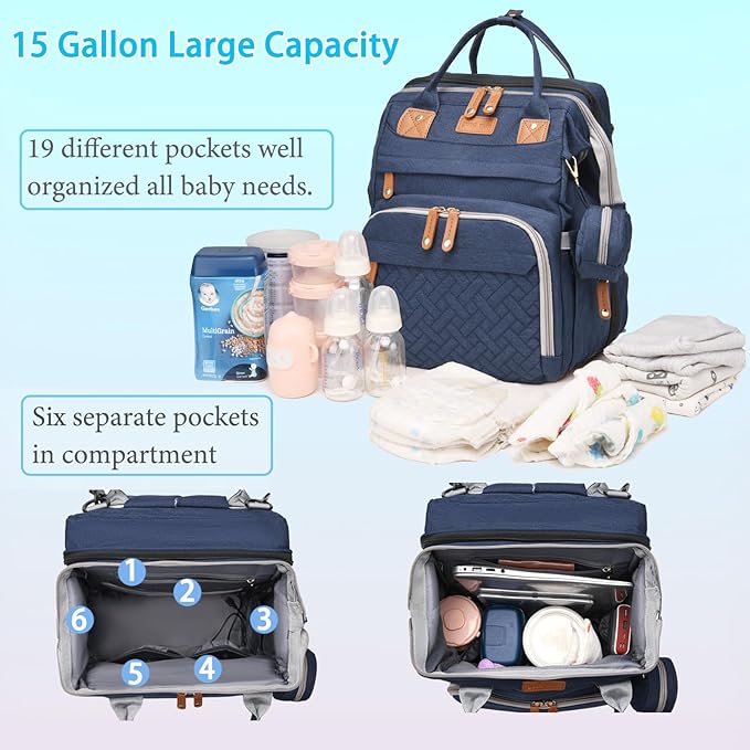 Jeryswet Baby Diaper Bags with Changing Station, Waterproof Large Capacity Diaper Bag Backpack for Moms Dads with USB Charging Port and Stroller Straps, Baby Shower Gifts, Blue-CubbioJoy