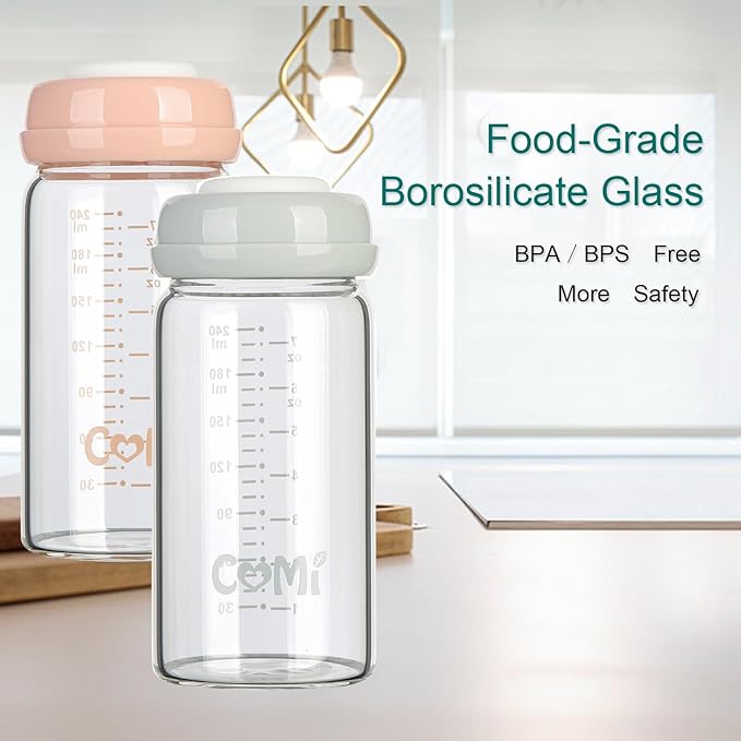 COMI Wide Neck Glass Breastmilk Collection n Storage Bottle, 8oz with Screw Ring Sealing Disk; Re-markable Sealing Disc. BPA Free, Fits Breast Pumps & Nipples (2 Pink Lids)-CubbioJoy