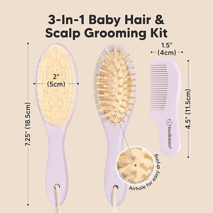 Baby Hair Brush and Comb Set for Newborn - Wooden Baby Hair Brush Set with Soft Goat Bristle, Baby Brush Set for Newborns, Baby Brush and Comb Set Girl, Boy, Toddler Cradle Cap Brush (Oval, Thistle)-CubbioJoy