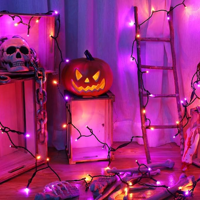 Brizled Orange & Purple Halloween Lights, 33ft 100 LED Halloween Lights 5mm Wide Angle String Light, 120V UL Certified Connectable Mini Purple Light Outdoor for Party Home Tree Decoration, Black Wire-CubbioJoy