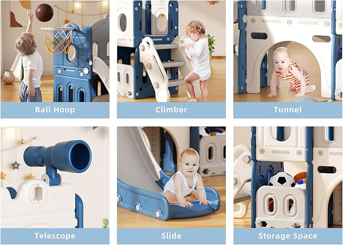 8 in 1 Toddler Slide and Climber Playset Indoor Outdoor Kids Slide with Basketball Hoop,Telescope, Storage Space, Freestanding Backyard Playground for Toddler Age 1-3, Blue-CubbioJoy