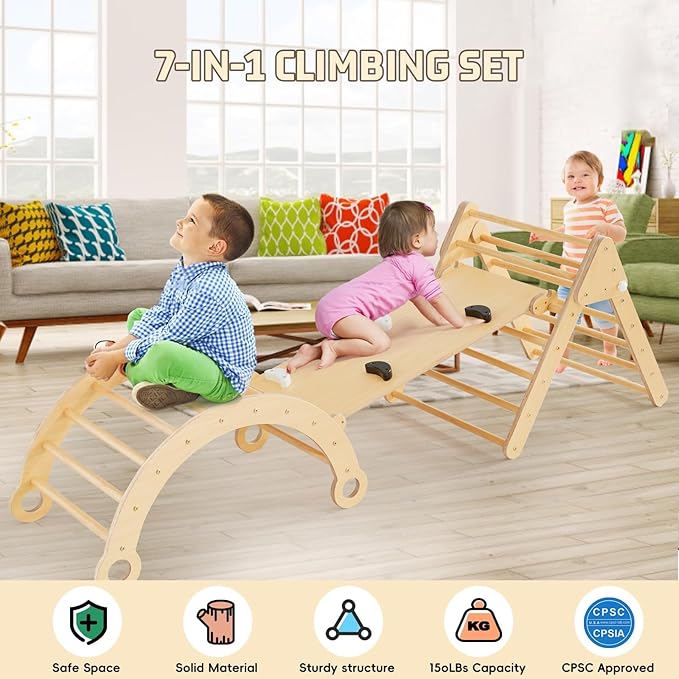 Asweets Pikler Triangle Set, 5 in 1 Foldable Montessori Climbing Set with Ramp, Baby Climbing Toys for Indoor Playground, Jungle Gym for Kids with Arch Climber, Rocker, Suitable for Toddlers-CubbioJoy
