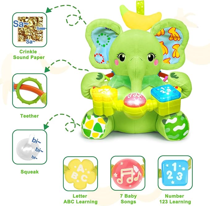 Baby Elephant Musical Stuffed Animals Toy with Light-Up Music & Crinkle Sound Paper,Infant Bilingual Early Learning Education Toys,Tummy Time Toys for 0-3-6-12+ Months Boy Girl, Green-CubbioJoy