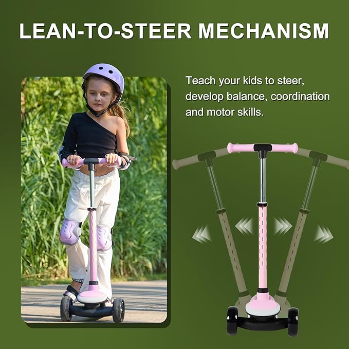 3-Wheel Light-Up Kids Scooter, 20 Different Light Patterns,Three Adjustable Heights,Lean to Steer, Balance Scooter for Ages 3-8-CubbioJoy