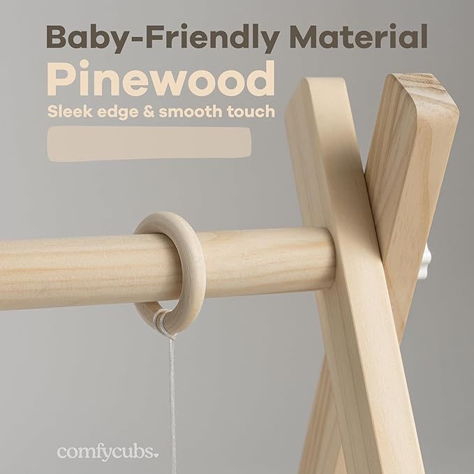 Comfy Cubs Wooden Baby Play Gym - Natural Finish Pinewood Baby Activity Gym with 5 Sensory Hanging Toys - Easy No-Tool Assembly, Safe and Durable for Infant Motor and Visual Development - Natural Wood-CubbioJoy