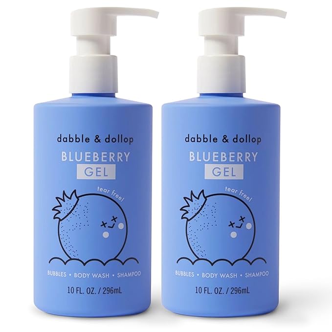 Dabble & Dollop Blueberry Body Wash & Shampoo - 3 in 1 Natural Bubble Bath for Kids, USA-Made, Paraben & Sulfate Free, Vegan, Gluten-Free, Tear-Free (10oz, Pack of 2)-CubbioJoy