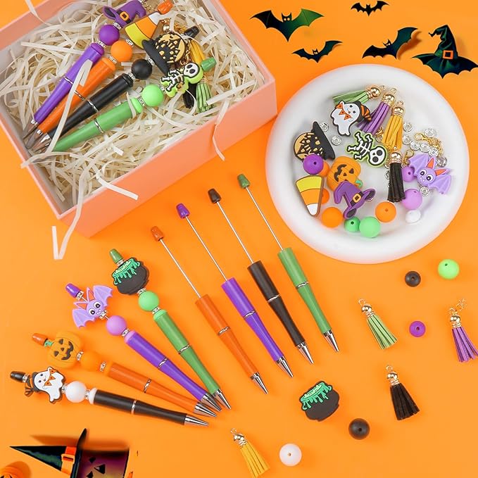 CZWZ Halloween Beadable Pens, Plastic Beadable Pens with 8 Pcs Multicolor Silicone Beads, Halloween Pumpkin Bat Skull Ghost Witch Hat Pens for Halloween Gifts Office Supplies-CubbioJoy
