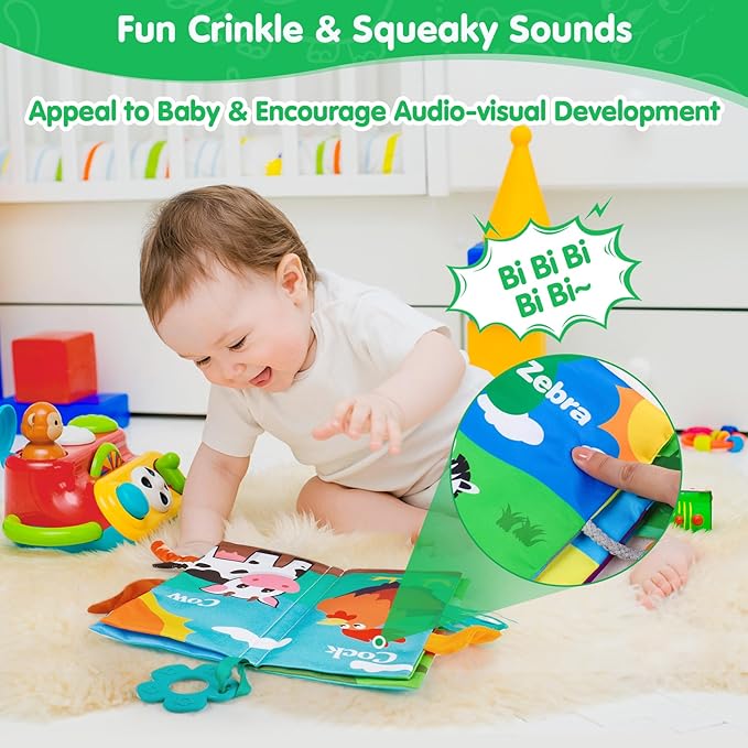 Baby Soft Cloth Crinkle Books Early Education Interactive Stroller Car Seat Sensory Toys with Tails Newborn Development Gifts for 0-6 Months Infants Toddler Baby Boys Girls(Jungle & Farm)-CubbioJoy
