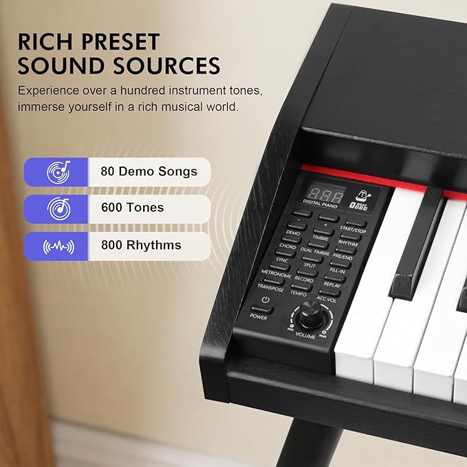 88 Key Digital Piano Keyboard for Beginners,Full Size Electric Piano Semi-Weighted Keyboard with Sheet Music Stand,Pedal,Headphone,Power Adapter,USB-MIDI Compatibility,Wood Grain Black-CubbioJoy