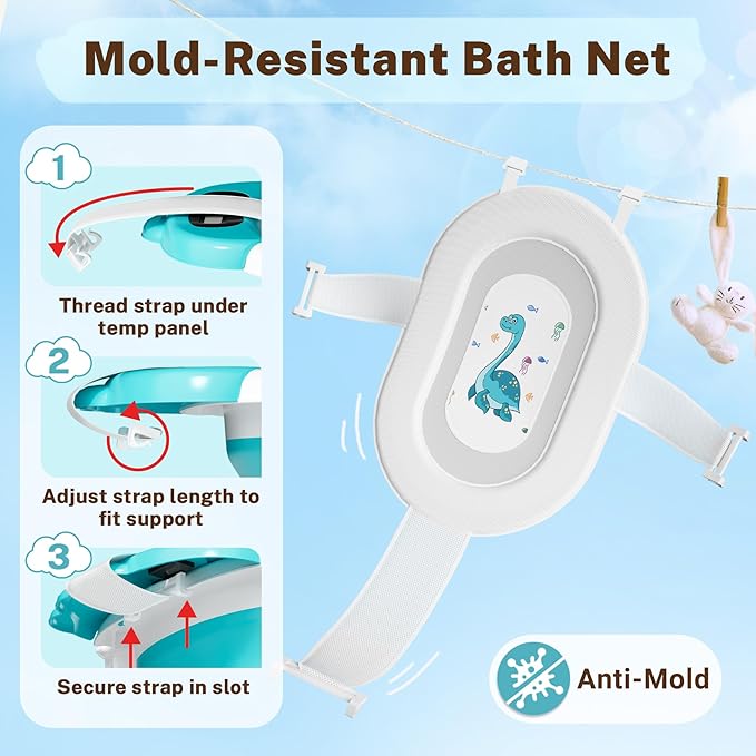 AVIDOR Baby Bathtub,Collapsible Bathtub for Newborn to Toddler,Durable Essential Infant Bath Tub,Portable Travel Baby Tub with Soft Bath Net,No-Slip Feet and Dinosaur Shaped (Light Blue)-CubbioJoy