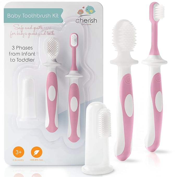 Cherish Baby Care Baby Toothbrush & Toddler Toothbrush Set (0-2 Years) - BPA-Free & Safety-Tested, 2023 Award Winner, Food-Grade Silicone (Pink)-CubbioJoy