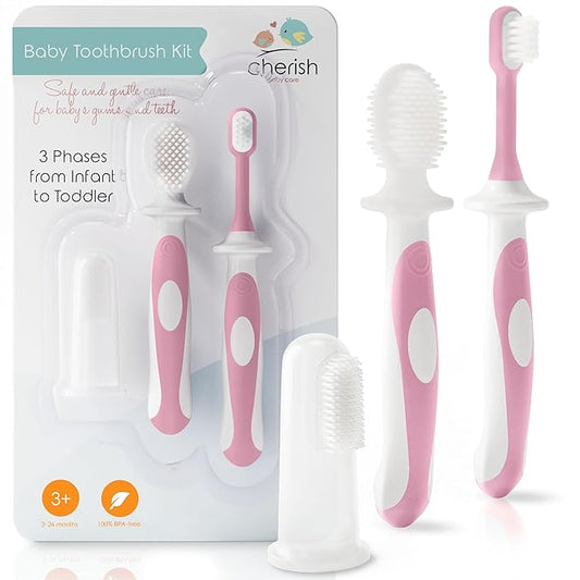 Cherish Baby Care Baby Toothbrush & Toddler Toothbrush Set (0-2 Years) - BPA-Free & Safety-Tested, 2023 Award Winner, Food-Grade Silicone (Pink)-CubbioJoy