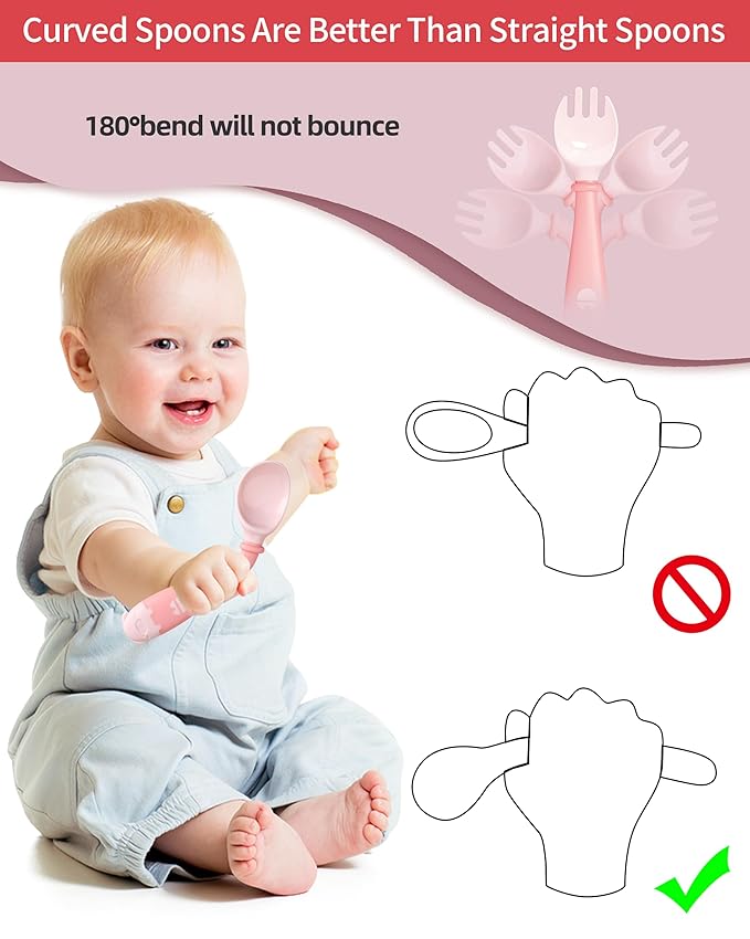 Deejoy Toddler Utensils with Travel Case, Baby Spoons and Forks Set for Self Feeding, Silicone Bendable Handle, Easy Grip Heat-Resistant, Self-feeding Flatware Sets for Kids (Stage 2) Pink-CubbioJoy