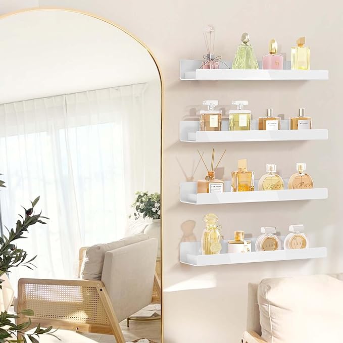 4 Pack 15 Inch Whtie Acrylic Shelves, Kids Floating Bookshelf for Kids Room, Modern Nail Polish Rack Sunglasses Essential Oil Picture Ledge Display Toy Storage Wall Shelf-CubbioJoy