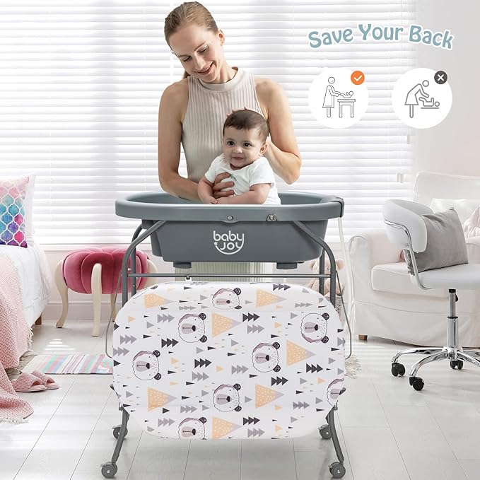 BABY JOY Baby Bathtub with Changing Table, Foldable Infant Diaper Changing Station with Storage Tray, Waterproof Pad, Portable Newborn Nursery Organizer Bath Stand with 4 Universal Wheels (Gray)-CubbioJoy