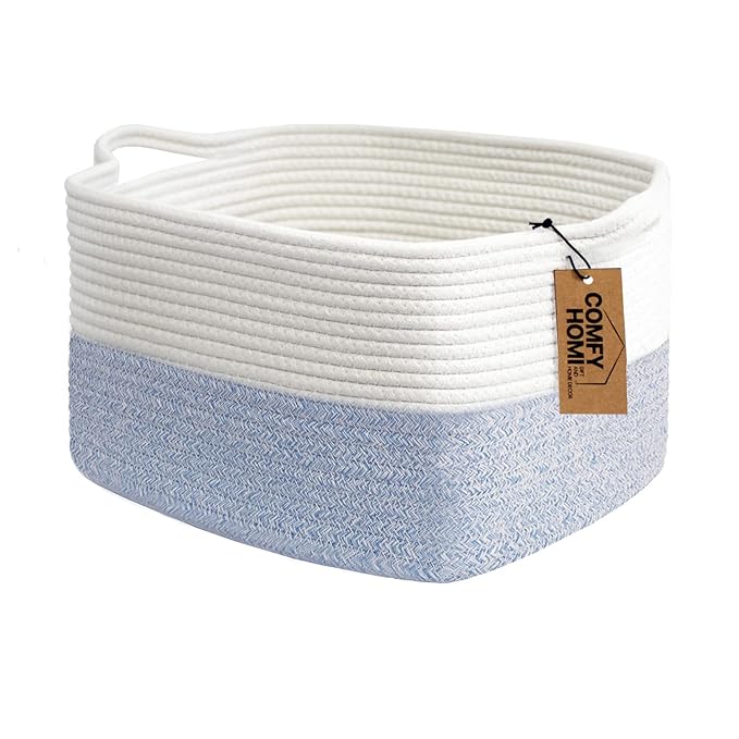 COMFY-HOMI Cotton Rope Woven Basket with Handles for shelf，Toy, Book, Cloth Storage Basket for Organizing-13.5"X11"X9.5" Storage Bin for Living Room, Newborn or Infant Gift for boy girl （White/blue）-CubbioJoy