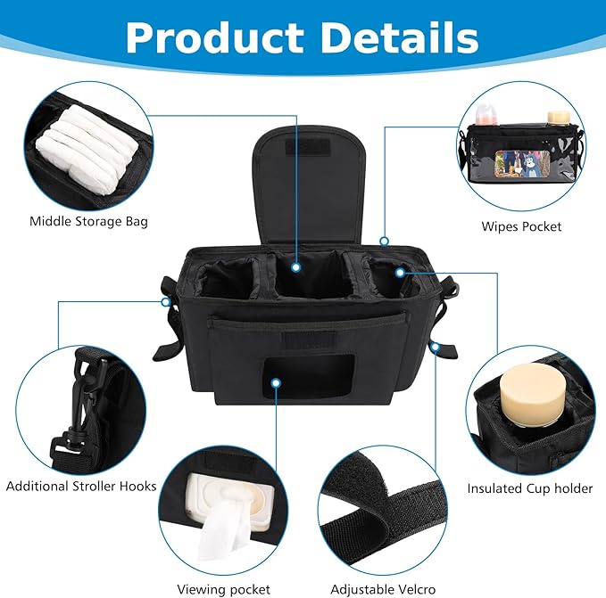 Accmor Universal Stroller Organizer with Insulated Cup Holder and Shoulder Strap, Stroller Caddy Bag Stroller Cup Holder Attachment for Uppababy, Baby Jogger, Britax Strollers, Black-CubbioJoy
