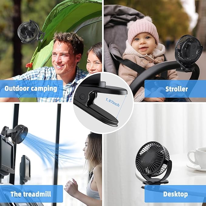 ATEngeus Rechargeable Clip-on USB Desk Fan, 3 Speeds, 5000mAh Battery, 720Rotation, Sturdy Clamp for Home, Camping, Treadmill and Car-CubbioJoy