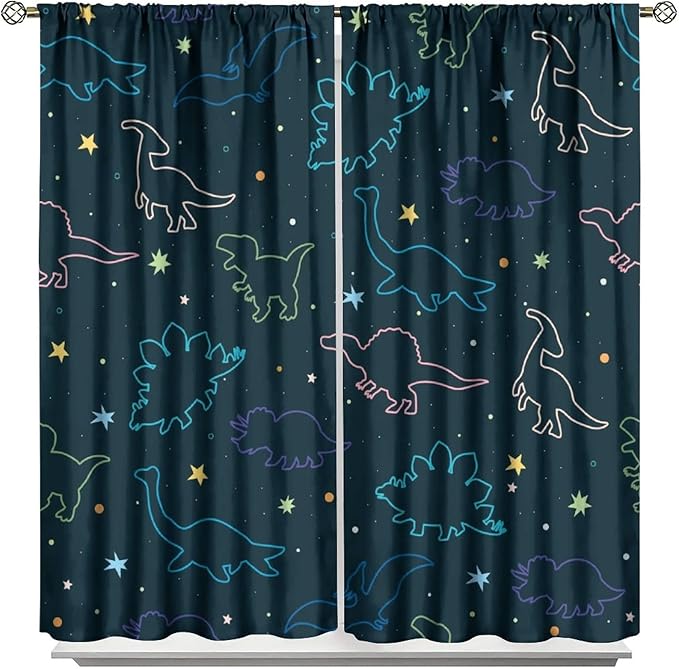 Cartoon Colorful Dinosaur Curtains for Kids Boys Girls Home Decor, Astronaut Funny Outer Space Star Blackout Rod Pocket Window Drapes for Bedroom Living Room W31.5xL72in 2 Panels-CubbioJoy