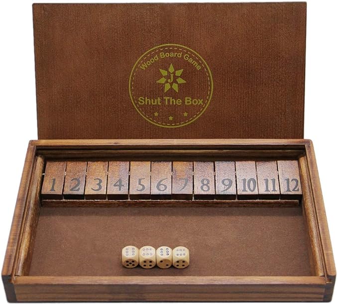 Juegoal Shut The Box Wooden Board Dice Game with 12 Numbers and Lid for Kids Adults Families, 2 Players and Up-CubbioJoy
