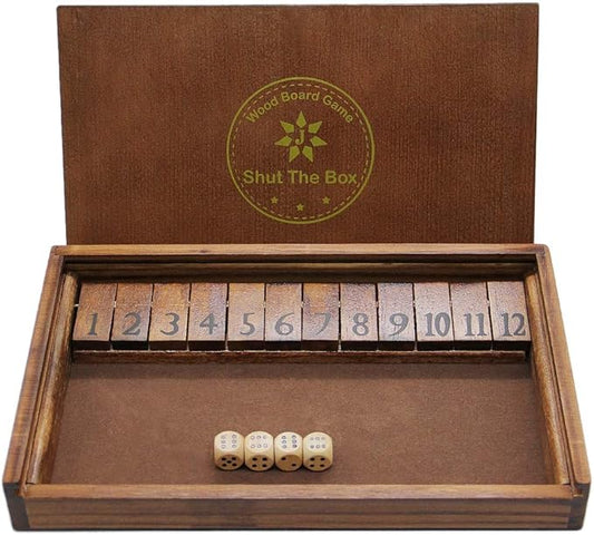 Juegoal Shut The Box Wooden Board Dice Game with 12 Numbers and Lid for Kids Adults Families, 2 Players and Up-CubbioJoy