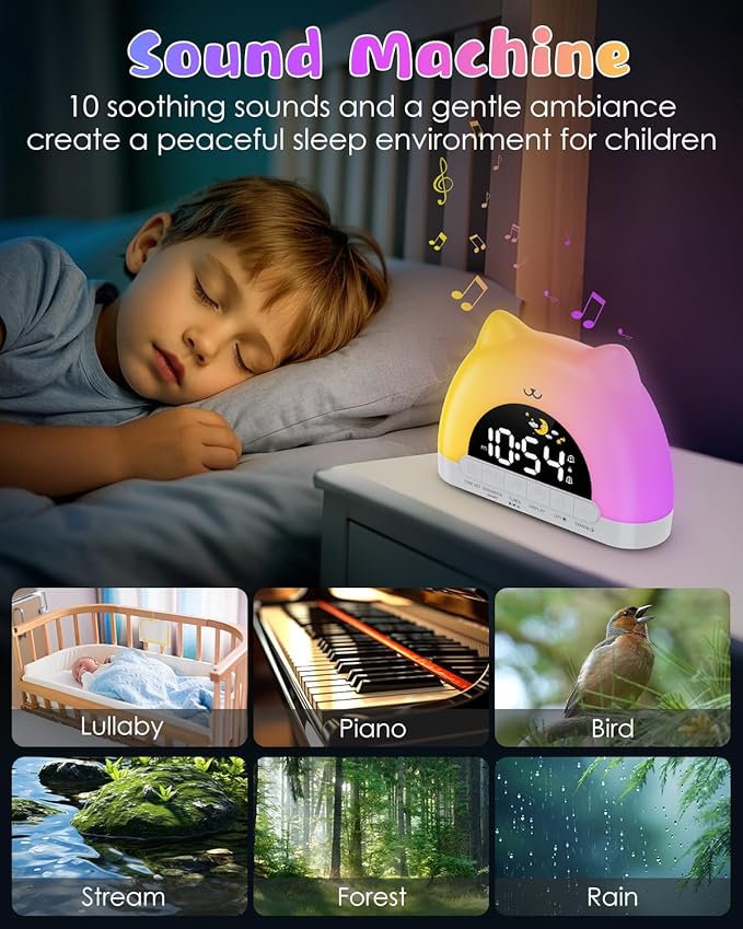 Kids Alarm Clock, OK to Wake Clock for Kids, Cat Clock with 11 Colors Night Light, 10 Soothing Sounds, Child Lock, Dual Alarms, Sleep Training, Birthday Gift for Boy Girls Children-CubbioJoy