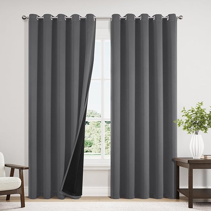 ChrisDowa 100% Blackout Curtains 84 inch Long for Bedroom with Black Liner, Extra Wide 2 Thick Layers Total Blackout Thermal Insulated Grommet Window Curtains 2 Panels Set (Grey, 60 x 84 Inch)-CubbioJoy
