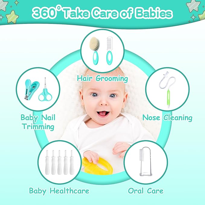 Baby Healthcare and Grooming Kit, 21 in 1 Portable Baby Essentials Kit with Gas Relief Hair Brush Comb Nasal Aspirator for Newborn Boys Girls (21 Kits-Green)-CubbioJoy