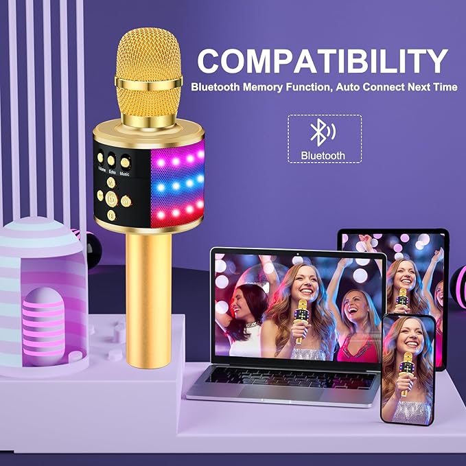 BONAOK Karaoke Microphone for Kids & Adults - Bluetooth Microphones Singing Mic with Disco Lights, Echo Effect, Built-in Speaker Portable Karaoke Player for Party Travel Gifts Q78(Gold)-CubbioJoy