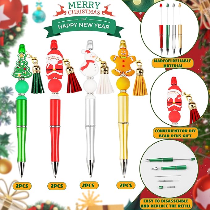 CZWZ 8 Pcs Christmas Beadable Pens, Plastic Beadable Pens with Multicolor Silicone Beads, Christmas Snowman Pine Tree Floral Hoop Deer Pens for Christmas Gifts Office School Supplies-CubbioJoy