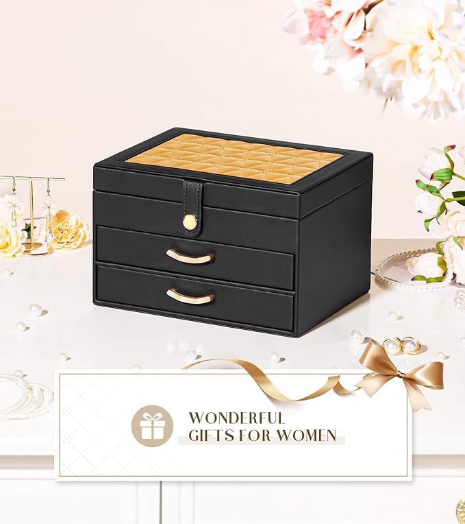 Black Jewelry Box Organizer: Home Decor for Women - 2-Drawer Holder for Valentine’s Day Birthday Christmas Black Gold-CubbioJoy