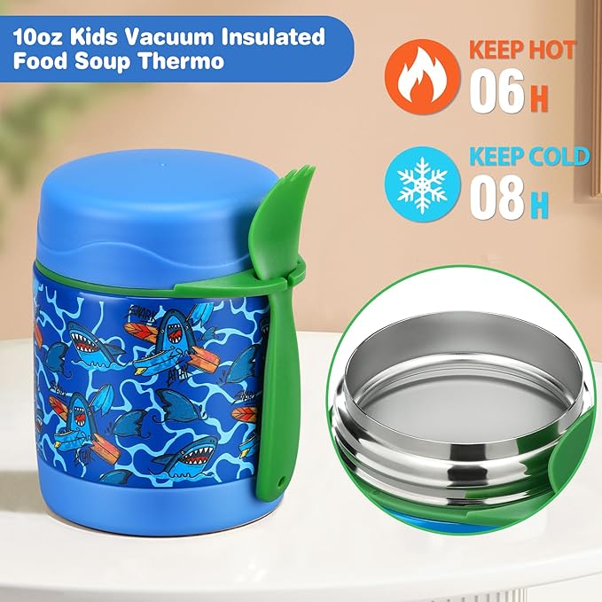 Bento Lunch Box Set With 10oz Soup Thermo, Leak-proof Lunch Containers with 4 Compartment, Kids Hot Thermo Food Jar/Insulation Lunch Bag, Food Containers for School（Shark）-CubbioJoy