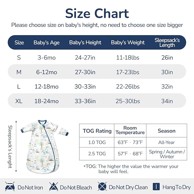 Baby Sleep Sack 18-24 Months, Cotton Detachable Long Sleeve Sleep Sack, 1.0 Tog Toddler Sleeping Sack with Temperature Strips, 2-Way Zipper Wearable Blankets for Newborns, Dinosaur-CubbioJoy