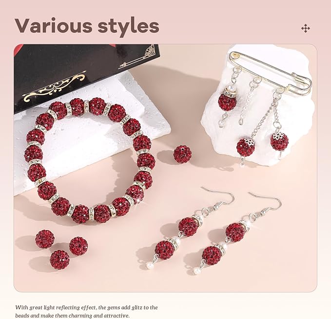 200pcs 10mm Rhinestone Beads for Jewelry Making, Dark Red Shiny Round Disco Ball Beads Bulk, Sparkle Crystal Clay Christmas for Bracelet Baseball Necklace Earring Crafting and DIY-CubbioJoy
