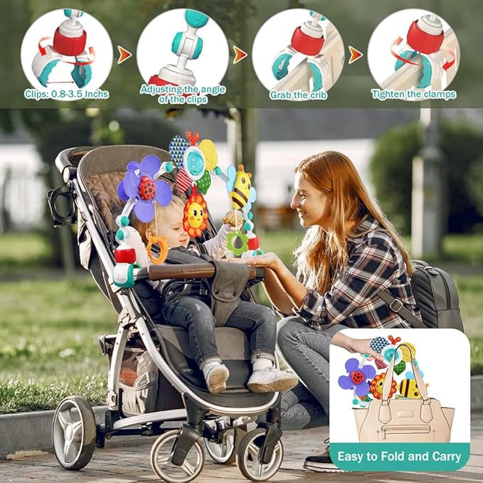 Baby Stroller Arch Toys,Adjustable Crib Mobile for Bassinet with Sensory Play Accessories and Hanging Toys,Baby Travel Car Seat Toys for Toddler Boy Girl 0 3 6 9 12 24 Months-CubbioJoy