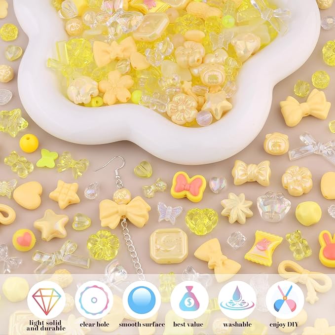 Assorted 170-230PCS Yellow Acrylic Beads for Bracelet Making, Flower Bow Butterfly Candy GummyBear Aesthetic Bracelet Charms,Cute Beads for Jewelry Making DIY Necklace Keychain Phone Charm-CubbioJoy