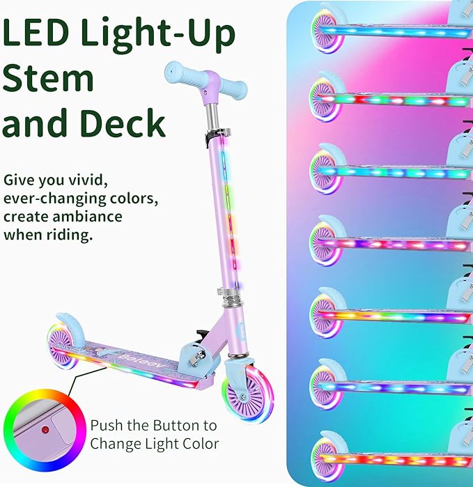 BELEEV V2 Scooters for Kids with Light-Up Wheels & Stem & Deck, 2 Wheel Folding Scooter for Girls Boys, 3 Adjustable Height, Non-Slip Pattern Deck, Lightweight Kick Scooter for Children Ages 3-12-CubbioJoy