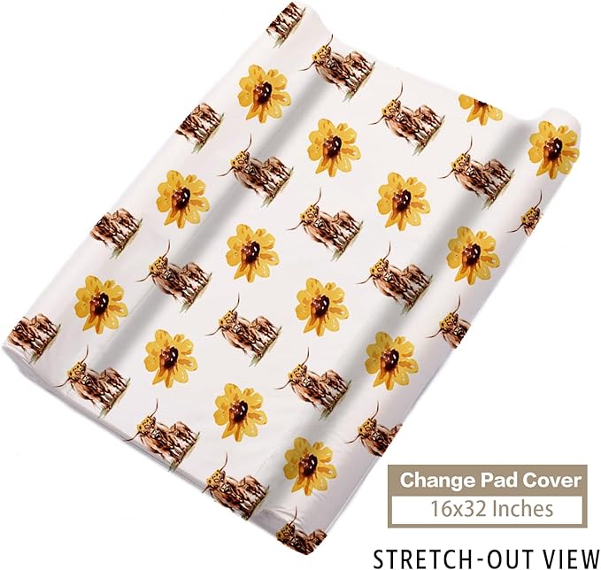 Custom Name Crib Bedding Set - Highland Cow Theme, Personalized Yellow Floral Nursery Bedding 3-Piece Set– Soft Blanket, Fitted Sheet, Changing Pad Cover – for Newborns Girls Nursery Gifts-CubbioJoy