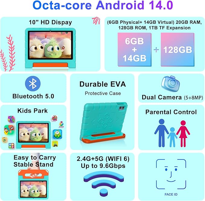2025 Kids Tablet 10 inch Android 14 Tablets for Kid Octa-Core, 20GB+128GB (TF 1TB), Toddler Tablet with Shockproof Case, 2.4G+5G WiFi 6, Parental Control, Face Unlocked, Split Screen, BT5.0 (Green)-CubbioJoy