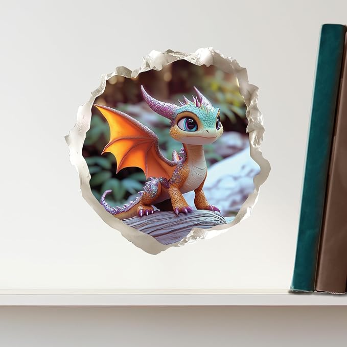Baby Dragon 3D Wall Decal – Cute Fantasy Sticker with Torn Wall Effect – 4.7W x 4.5H inches-CubbioJoy