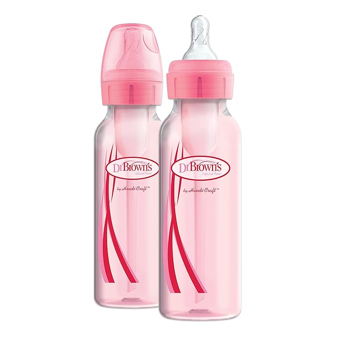 Dr. Brown’s Natural Flow® Anti-Colic Options+™ Narrow Baby Bottles, 8 oz/250ml, with Level 1 Slow Flow Nipple, 4 Pack, Pink/Clear-CubbioJoy