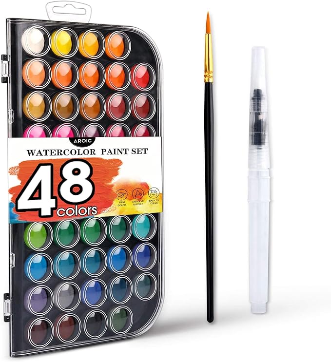 AROIC 48 Colors Watercolor Paint Set,Washable Water Color Paint KiTs with Refillable Water Brush Pens Travel Art Kit for Kids, Beginners & Artists Birthday Gift for Children & Art Lovers-CubbioJoy